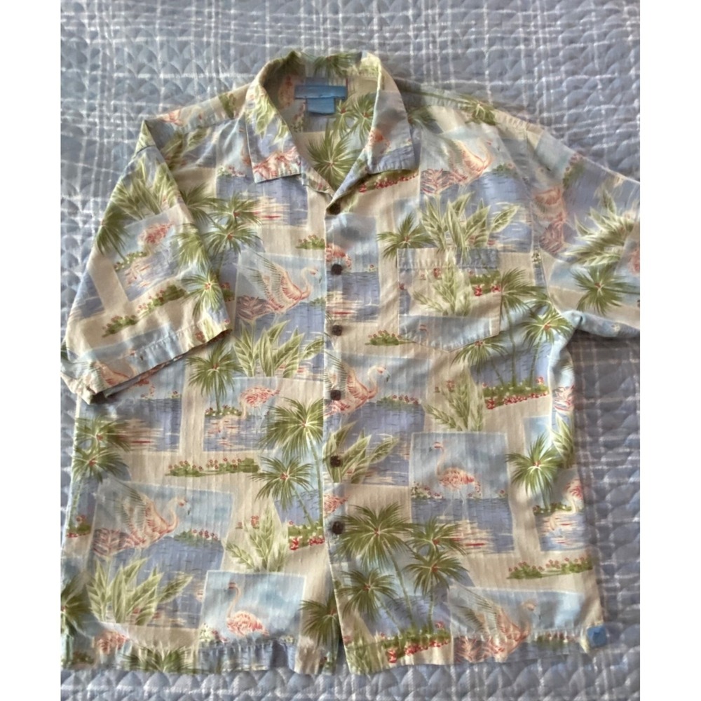 Bermuda Bay Silk Hawaiian Shirt Flamingo Palm Trees‎ Men's XXL